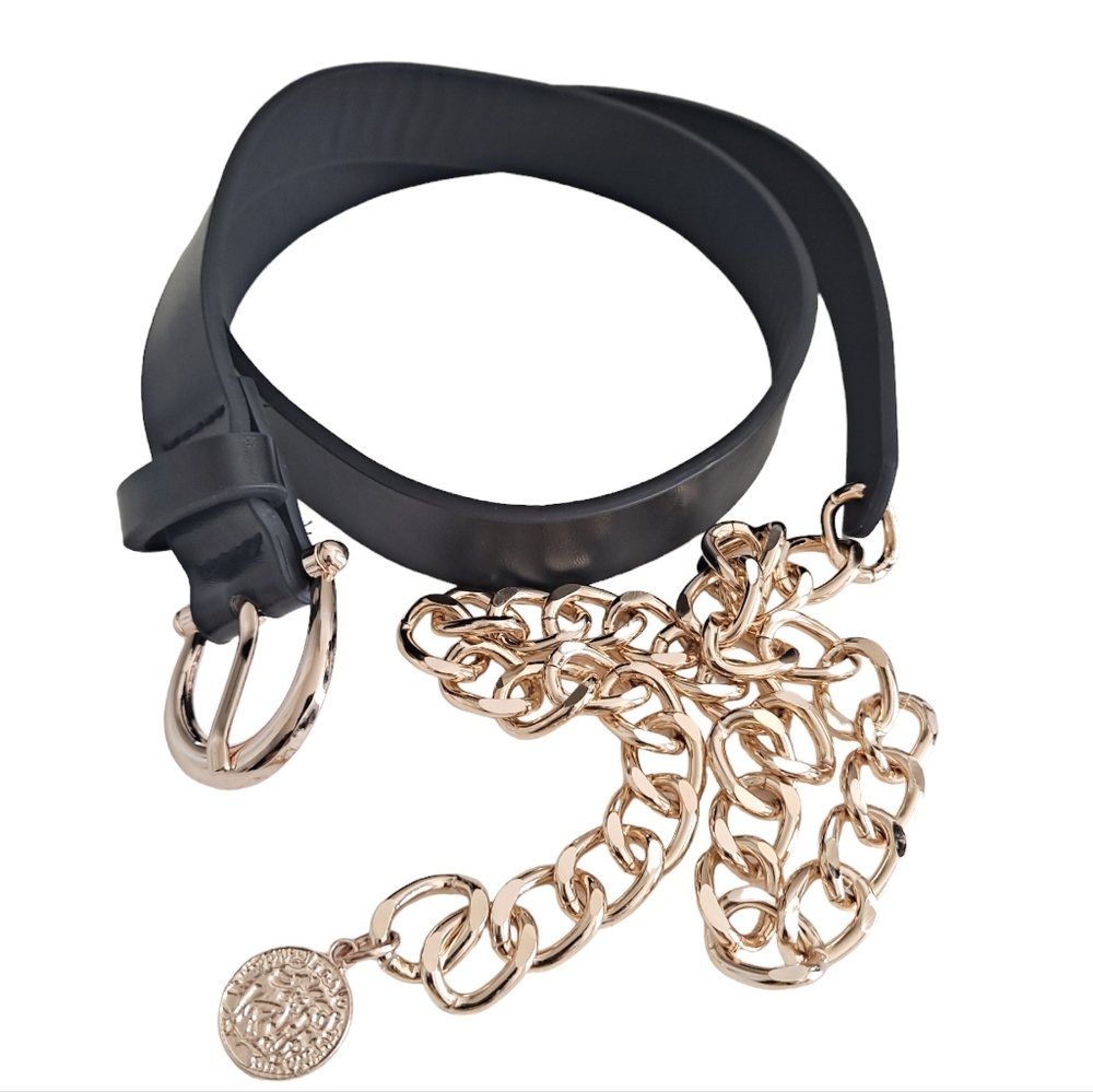 Womens edgy black Faux leather Y2K metal gold chain waist punk rock dress belt - Picture 11 of 17